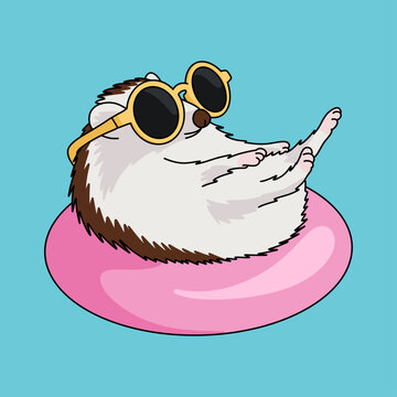 Simple Vector Illustration of a Hedgehog Wearing Sunglasses and Sunbathing on Holiday. Isolated Icon Floating on Light Blue Water Background