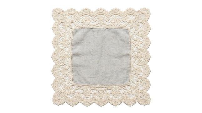 Vintage handmade linen doily featuring intricate floral lace border details displayed flat for elegant home decor design on transparent background