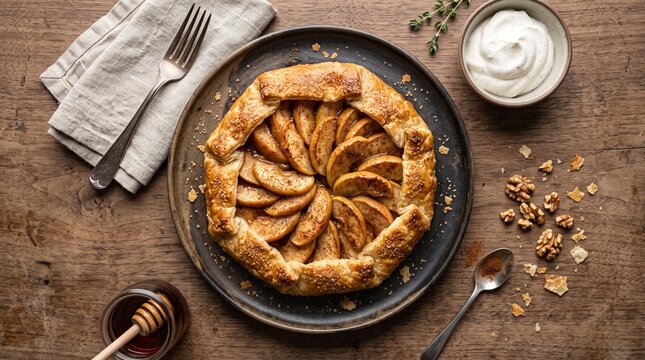 Freshly Baked Autumn Apple Galette with Sliced Fruit Honey and Walnuts on Rustic Wooden Table