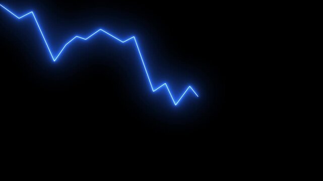 Neon blue financial downtrend graph line animation on black background, declining market chart, economic recession concept, business loss visualization