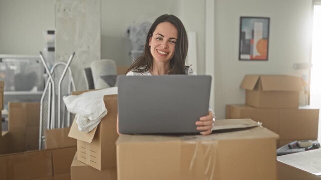 Young hispanic brunette woman holds laptop among stacked moving boxes in a cluttered apartment building living area, smiling and typing on screen; new home joy.