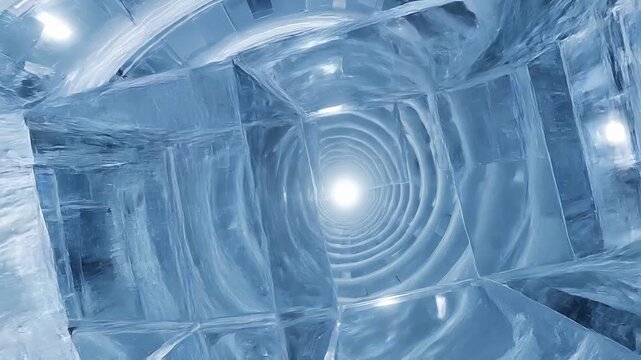 Abstract futuristic blue tunnel with glowing lights and rotating geometric block structures in deep space