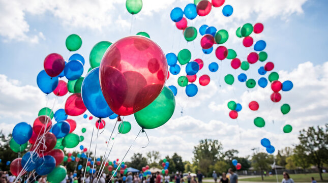 A cluster of colorful balloons floats against a blue sky with clouds, symbolizing celebration, joy, and freedom for outdoor events.