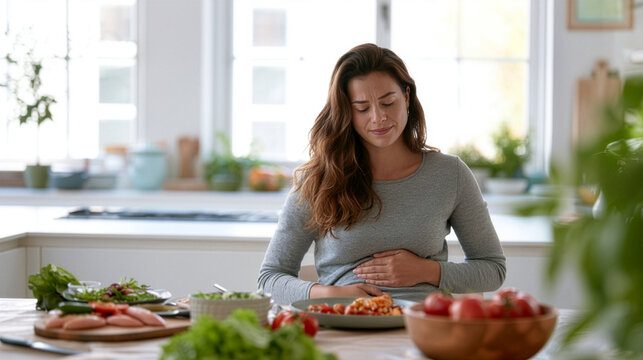 a young woman sitting at a dining table after a meal, gently holding her stomach with both hands while showing a subtle expression of digestive discomfort, gastrointestinal health,  indigestion concep