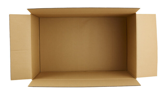 Empty open brown cardboard box with corrugated texture, isolated on transparent background
