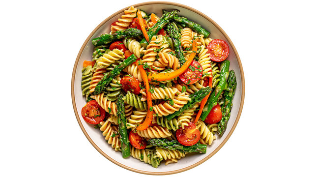 Colorful fusilli pasta salad with fresh asparagus and cherry tomatoes, isolated on transparent background