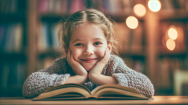 A smiling young girl enjoying an exciting storybook, sitting comfortably at a wooden desk in a warm cozy library