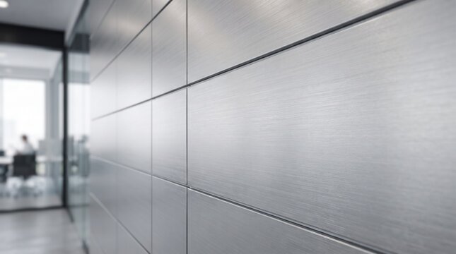 A low-angle view of a modern office interior featuring a sleek, brushed metallic feature wall and a blurred glass-partitioned workspace with office furniture in the background.