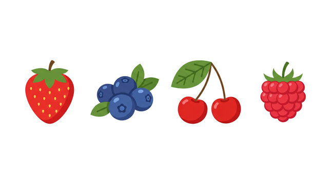 Colorful flat vector icons featuring fresh strawberry blueberry cherry and raspberry fruits arranged in a simple row on transparent background