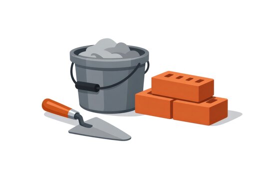 Bucket of mortar, hand trowel and stacked red bricks on site, masonry tools and materials staged for building, renovation and home improvement projects