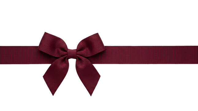 Elegant deep burgundy fabric ribbon tied into a decorative bow featuring detailed ribbed texture for holiday wrapping on transparent background