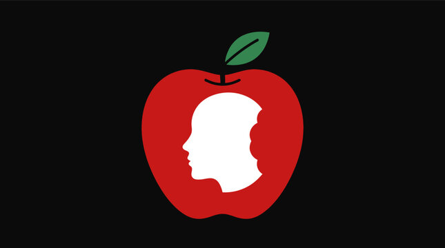 Bright Red Apple With Single Leaf Silhouette Design.