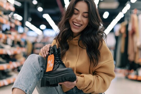 Beautiful young woman trying on shoes
