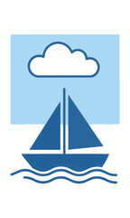 Naklejka premium Minimalist line art of a sailboat sailing on gentle waves under a single cloud, isolated on a white background. Minimalist travel concept