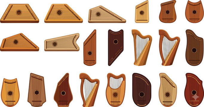 Gusli and lyre harp musical instrument vector illustration collection featuring traditional wooden folk string instruments in detailed cartoon style