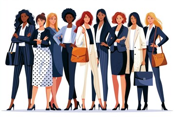 Obraz premium Diverse group of businesswomen in stylish work attire standing together in vector illustration