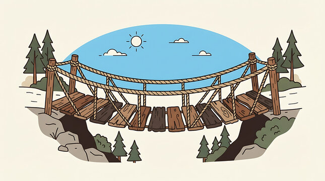 A Wobbly Rope and Plank Bridge Spanning a Chasm Under a Sunny Sky, Representing Adventure and Risk