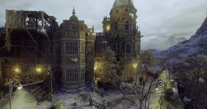 Overgrown tower courtyard with fountain, mossy stone surfaces and crumbling balustrades, lanterns casting warm pockets of light around ivycovered walls,