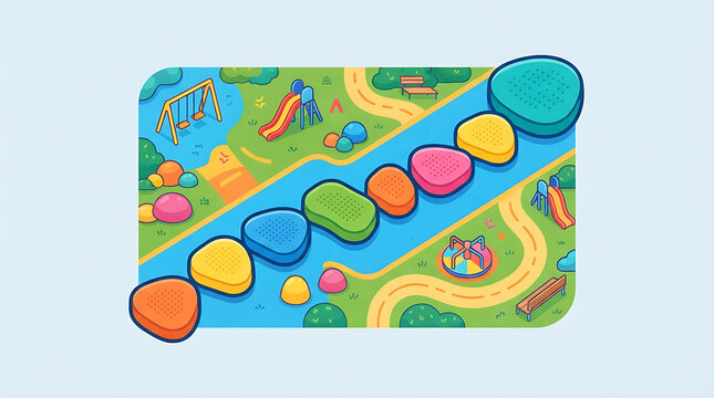 Playful stepping stones creating a colorful path through a vibrant park playground illustration