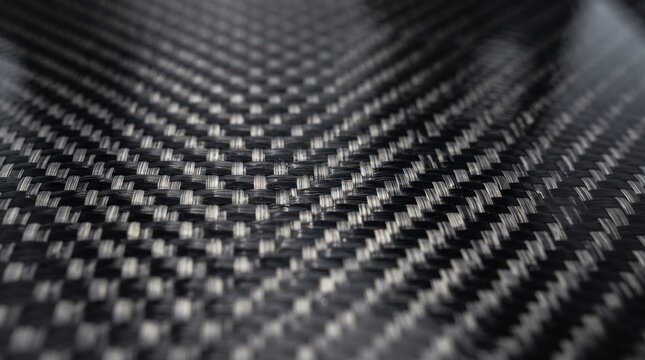 Macro photograph of a high-quality carbon fiber composite material showing a textured weave pattern with dark, glossy finish and distinct depth of field blur.