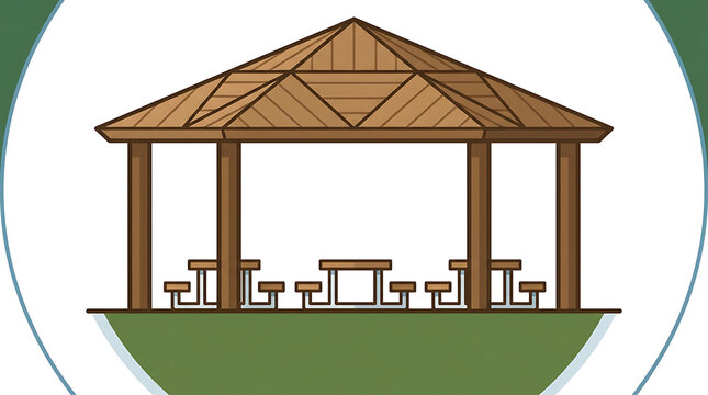 Wooden picnic pavilion with integrated tables and benches in a park setting