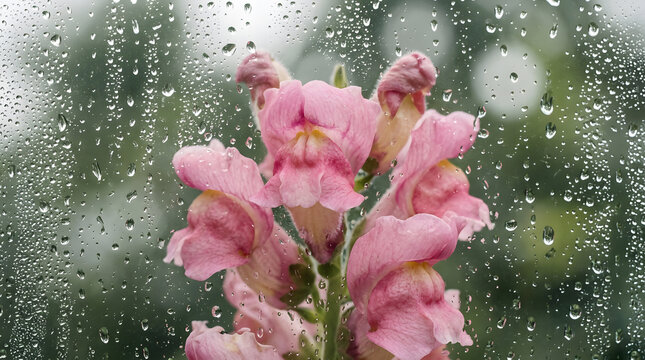 Pink snapdragon flowers behind rainy window | Water drops on glass with blooming flowers | Rainy day garden view through windowpane | Soft pink floral background with raindrops