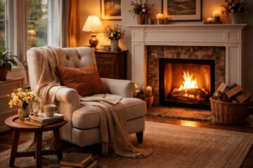 Naklejka premium Inviting living room featuring a comfortable armchair with a blanket and cushion next to a warm burning fireplace, creating a relaxing and cozy atmosphere during an evening at home