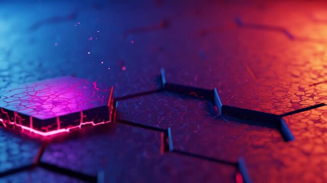 Abstract Glowing Neon Hexagonal Tiles with Crack Patterns in Futuristic Cyberpunk Style Digital Background Graphic