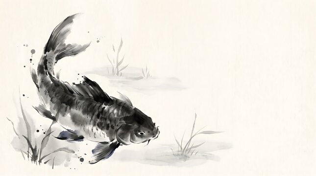 Elegant traditional ink wash illustration of an enormous mythical fish in an empty underwater space, with expressive brushwork and soft ink bleeding. Generative AI artwork.