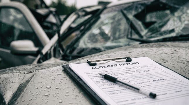 Automotive damage assessment: insurance claim, traffic accident, car crash, accident report, Europrotocol document, collision event, shattered glass, vehicle incident, official procedure.