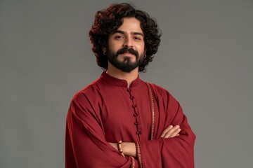 Obraz premium Indian man with curly hair and beard wearing traditional maroon kurta with arms crossed smiling