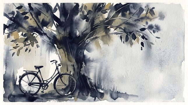 Atmospheric monotype print of a solitary vintage bicycle beneath an enormous abstract tree on a rainy evening, with blurred ink textures and spontaneous marks. Generative AI artwork.