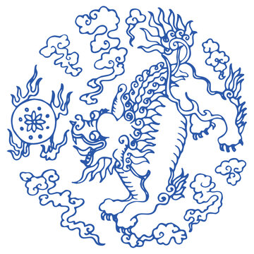 Chinese Qilin and Pixiu Auspicious Animal Pattern, Traditional Mythical Creature Vector Illustration