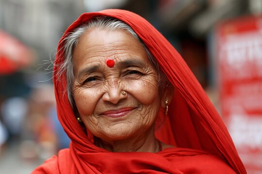 Portrait of a smiling elderly indian woman wearing a red headscarf and a bindi in a public market