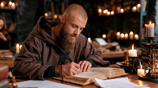 Bearded scholar in monks robe meticulously writes in ancient tome by candlelight.