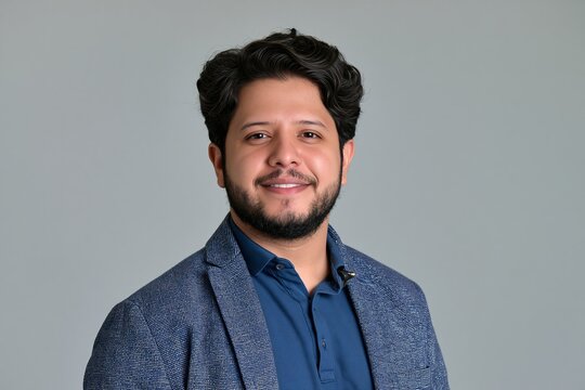 Smiling bearded man wearing blue patterned blazer and shirt against plain grey background