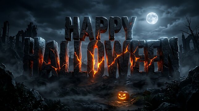 Spooky happy halloween text glowing with fire flames in a dark misty graveyard under full moon