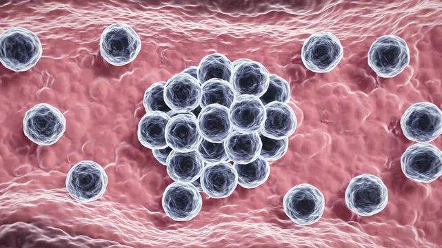 Human tissue with several stable immune cells slowly gathering around a localized region, tissue structure remains consistent while subtle cellular movement creates a sense of inflammation