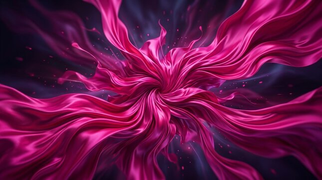 Abstract background featuring vibrant, swirling ribbons of magenta satin flowing outward from a central point against a dark, moody background with subtle particle effects.