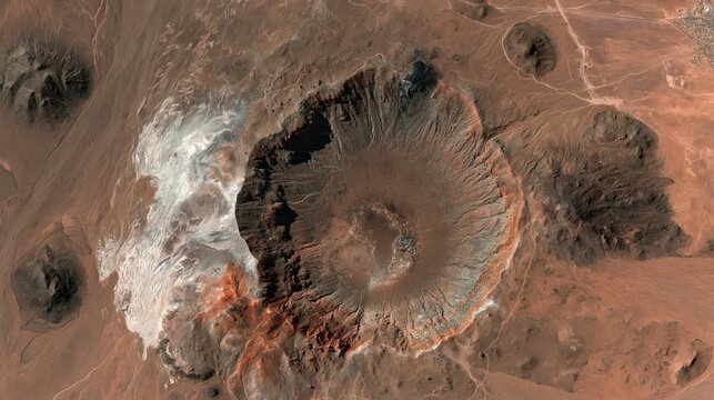 A vast, circular crater dominates a desolate, arid landscape from an aerial perspective.