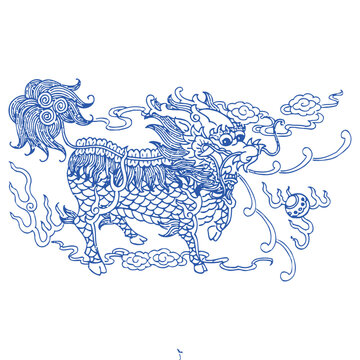 Chinese Qilin and Pixiu Auspicious Animal Pattern, Traditional Mythical Creature Vector Illustration
