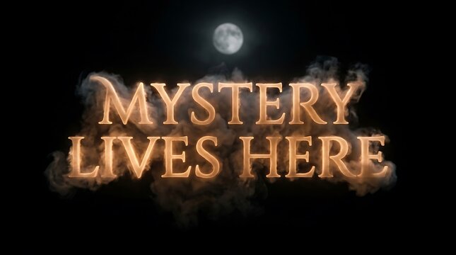 The phrase mystery lives here written in glowing golden letters against a dark spooky night background
