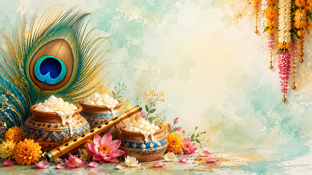 Beautiful traditional festive background showing fresh butter pots wooden flute peacock feathers and bright flowers honoring lord krishna for joyful krishna janmashtami