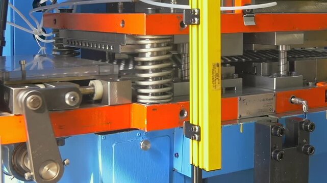 Heavy duty machinery compresses sheets inside busy manufacturing plant during afternoon as robotic pistons move precision to create custom components for industrial use in modern engineering projects