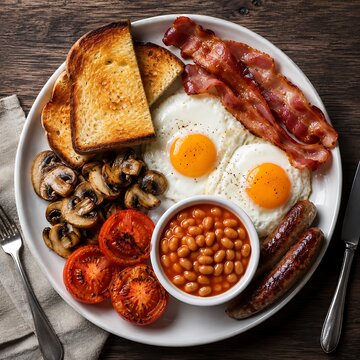 Full English breakfast with fried eggs, bacon, sausages, beans, mushrooms and toast.