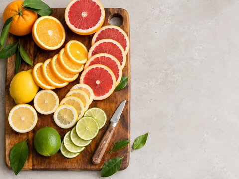Fresh citrus fruit slices on wooden cutting board with knife for healthy food preparation