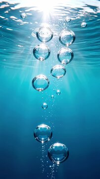Underwater bubbles rising toward sunlit surface in turquoise ocean. Vertical tilting camera movement.