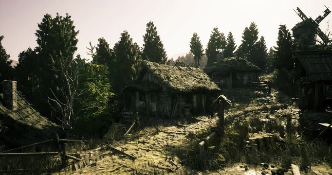 golden hour cottage exterior with moss. warm sunlight bathes thatched roof and garden path, soft shadows from surrounding pines, intimate domestic scene