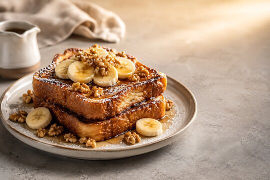 French toast with sliced bananas and walnuts on a plate for a delicious breakfast meal