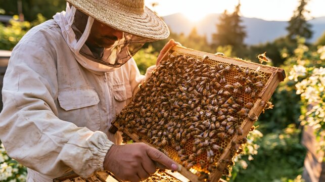 Beekeeper inspects a frame teeming with bees during sunset in a natural setting.